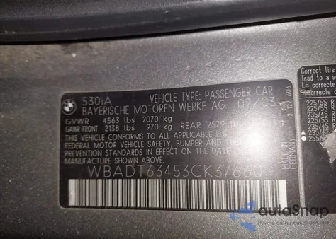 2003 BMW 530Ia z USA, uszkodzony, nr VIN WBADT63453CK37660